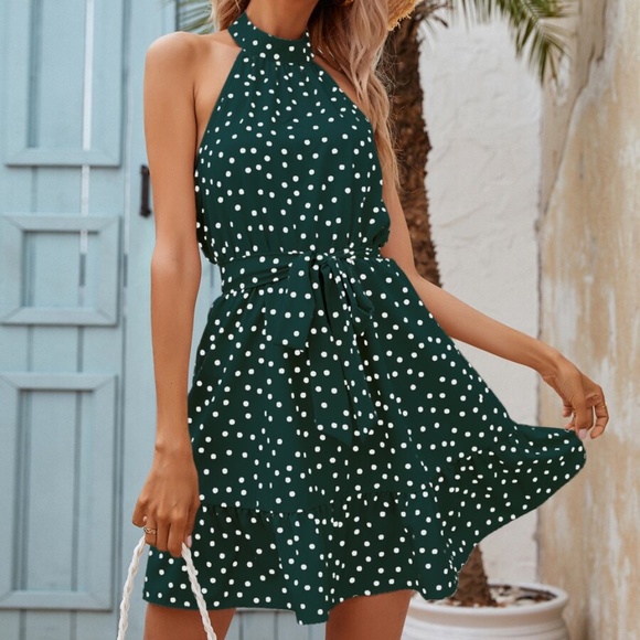 boho polka dot belted ruffle hem halter mini dress - Picture 7 of 12